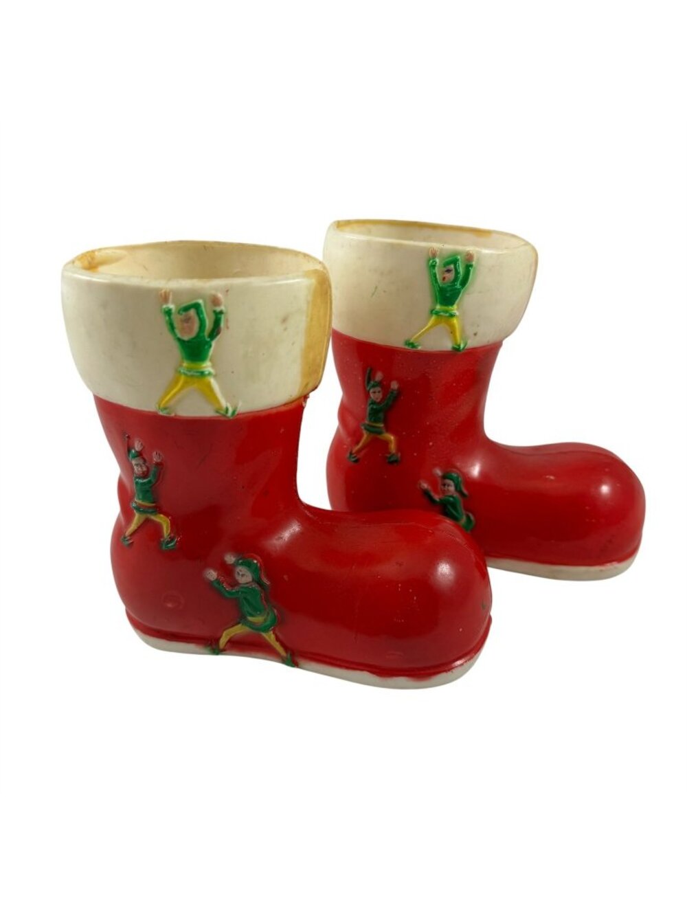 Hard Plastic Santa Boots Pixie Elf Holiday Christmas Planters Vintage 1960s